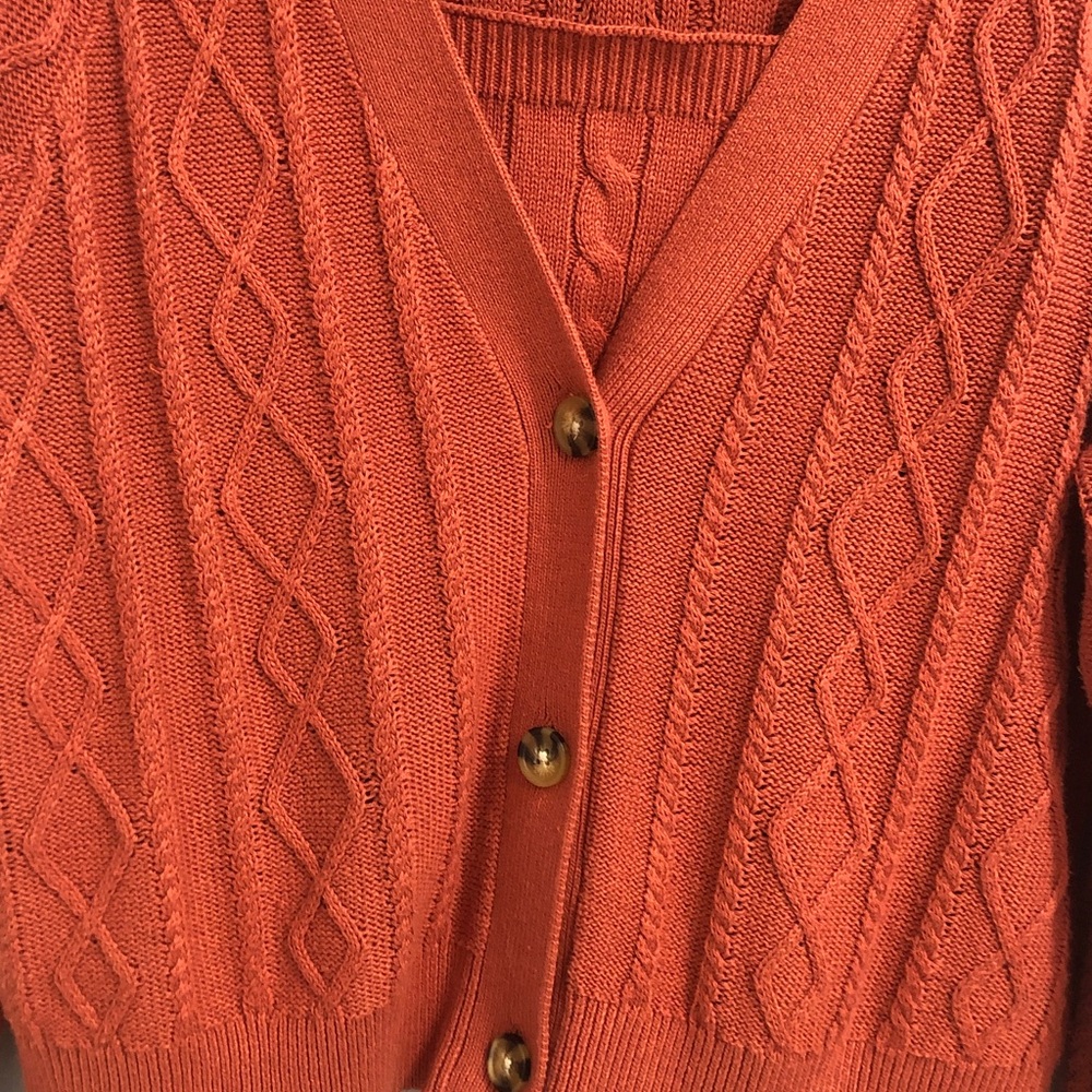 JOIE Burnt Orange Cotton Blend Twin Set Cable Knit Cardigan Sweater & Top Size S - Picture 2 of 9